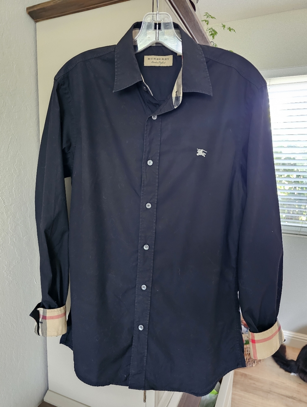 Mens's Burberry Black Button-Up Shirt with Signature Trim